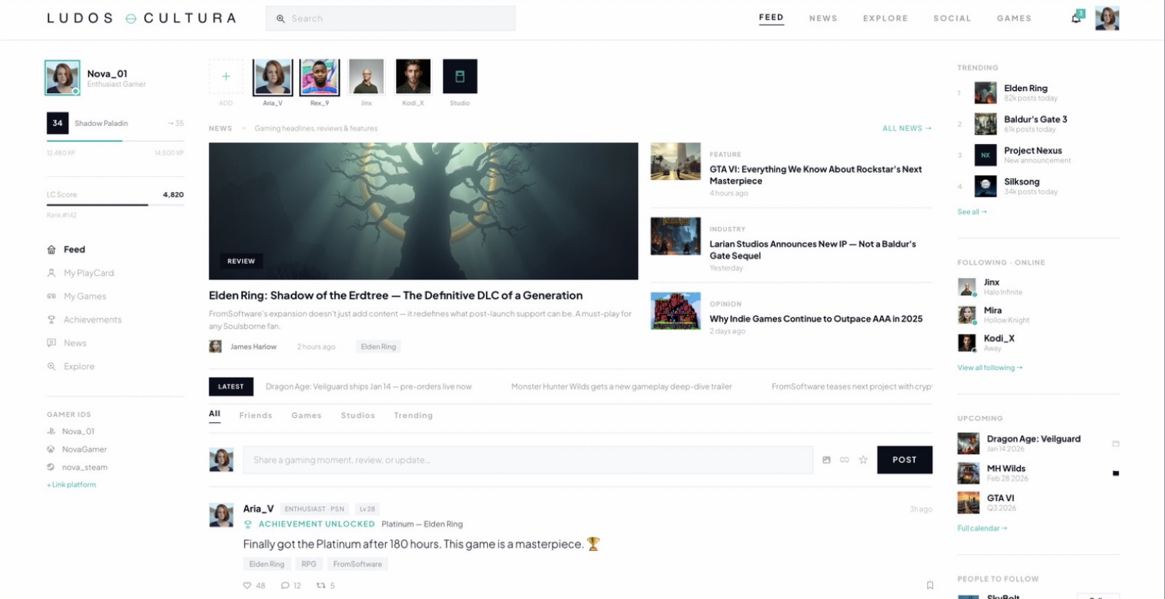 Home feed: news, friends, studios and trending games in one feed